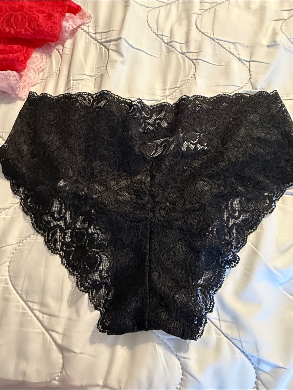 Quince Lace Cheeky 3 Panty Set — Red, Black & Pink. Large. Nylon/ spandex. - Picture 4 of 9